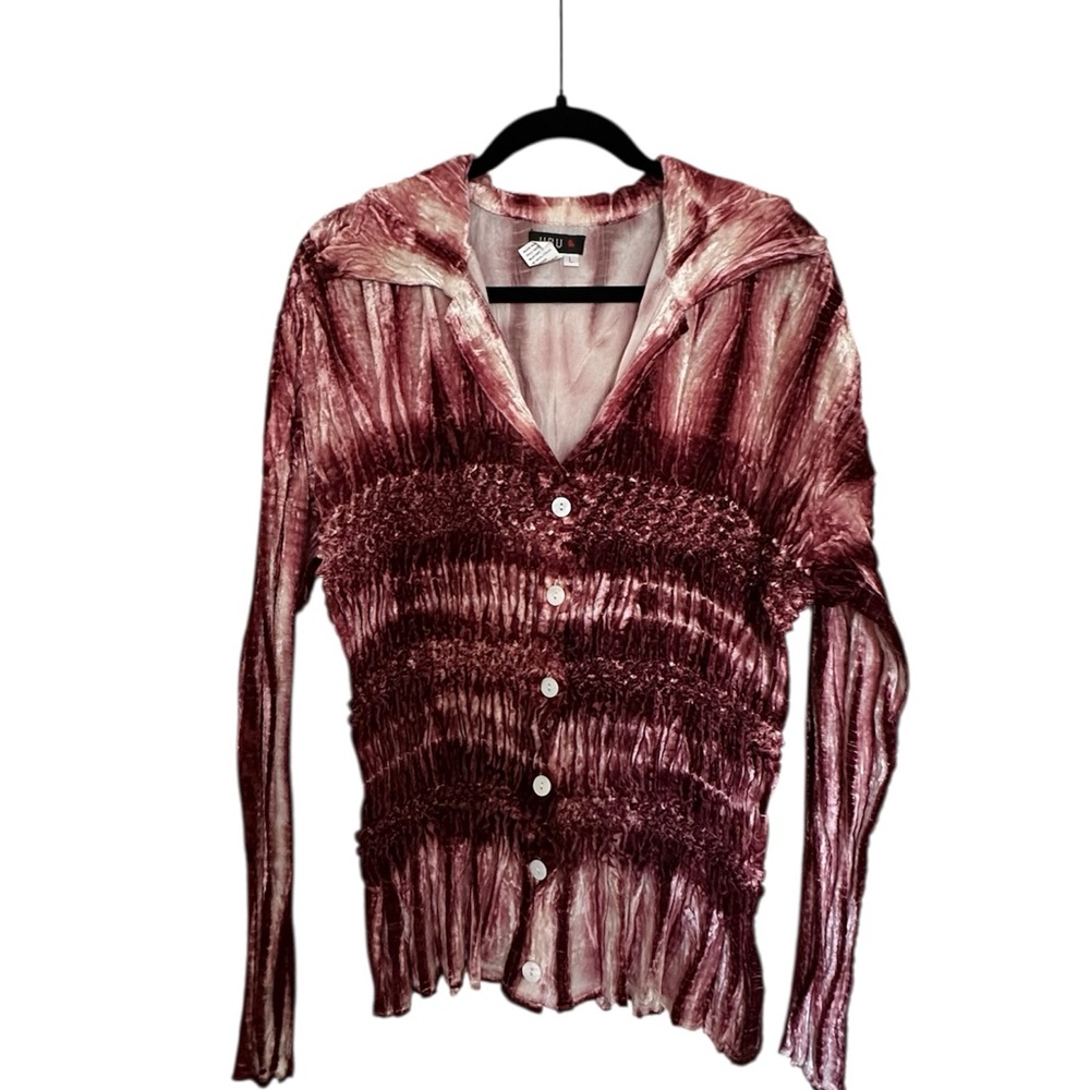 UBU Crushed Velvet Button-Up Top in Wine